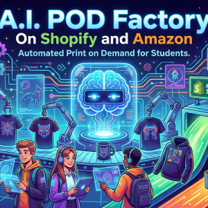 ภาพประกอบหลักสูตร A.I. POD Factory แสดงโรงงานอัจฉริยะที่ใช้หุ่นยนต์และปัญญาประดิษฐ์ผลิตสินค้า Print on Demand (T-shirt, Mug, Hoodie) อัตโนมัติ เพื่อวางขายบน Shopify และ Amazon โดยกลุ่มนักเรียน High School เป็นผู้ควบคุมระบบผ่านแอปพลิเคชัน